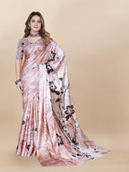 Vedant Vastram Digital Print Japan Satin Silk Party Wear Saree with Unstitched Blouse Piece - Beige