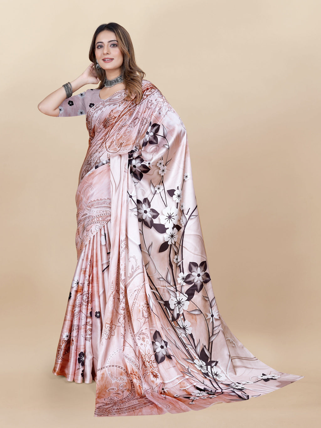Vedant Vastram Digital Print Japan Satin Silk Party Wear Saree with Unstitched Blouse Piece - Beige