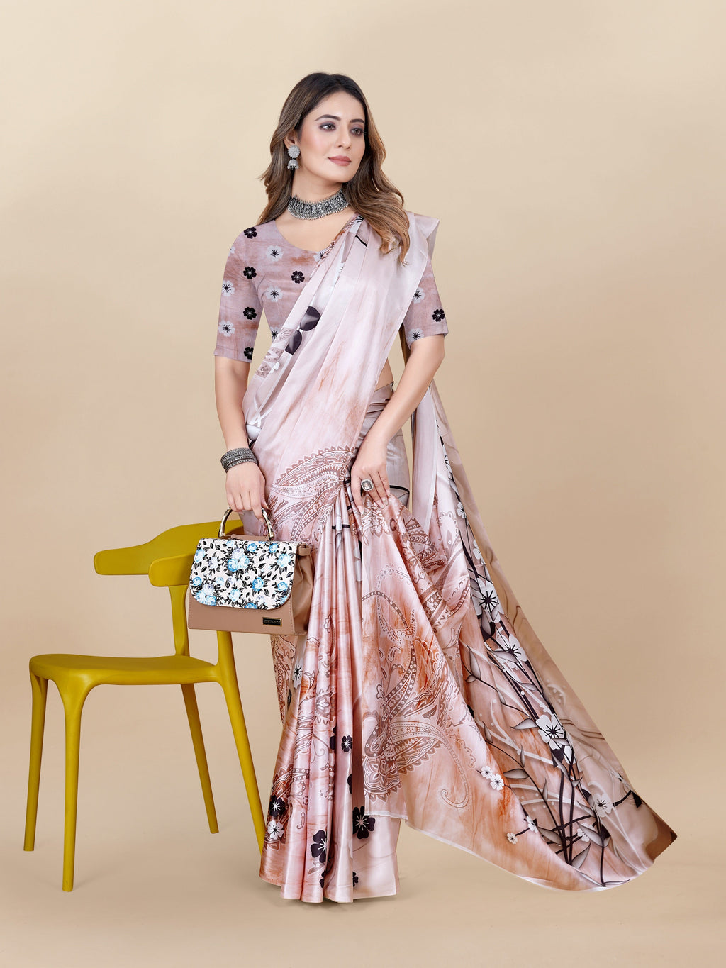 Vedant Vastram Digital Print Japan Satin Silk Party Wear Saree with Unstitched Blouse Piece - Beige
