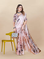Vedant Vastram Digital Print Japan Satin Silk Party Wear Saree with Unstitched Blouse Piece - Beige