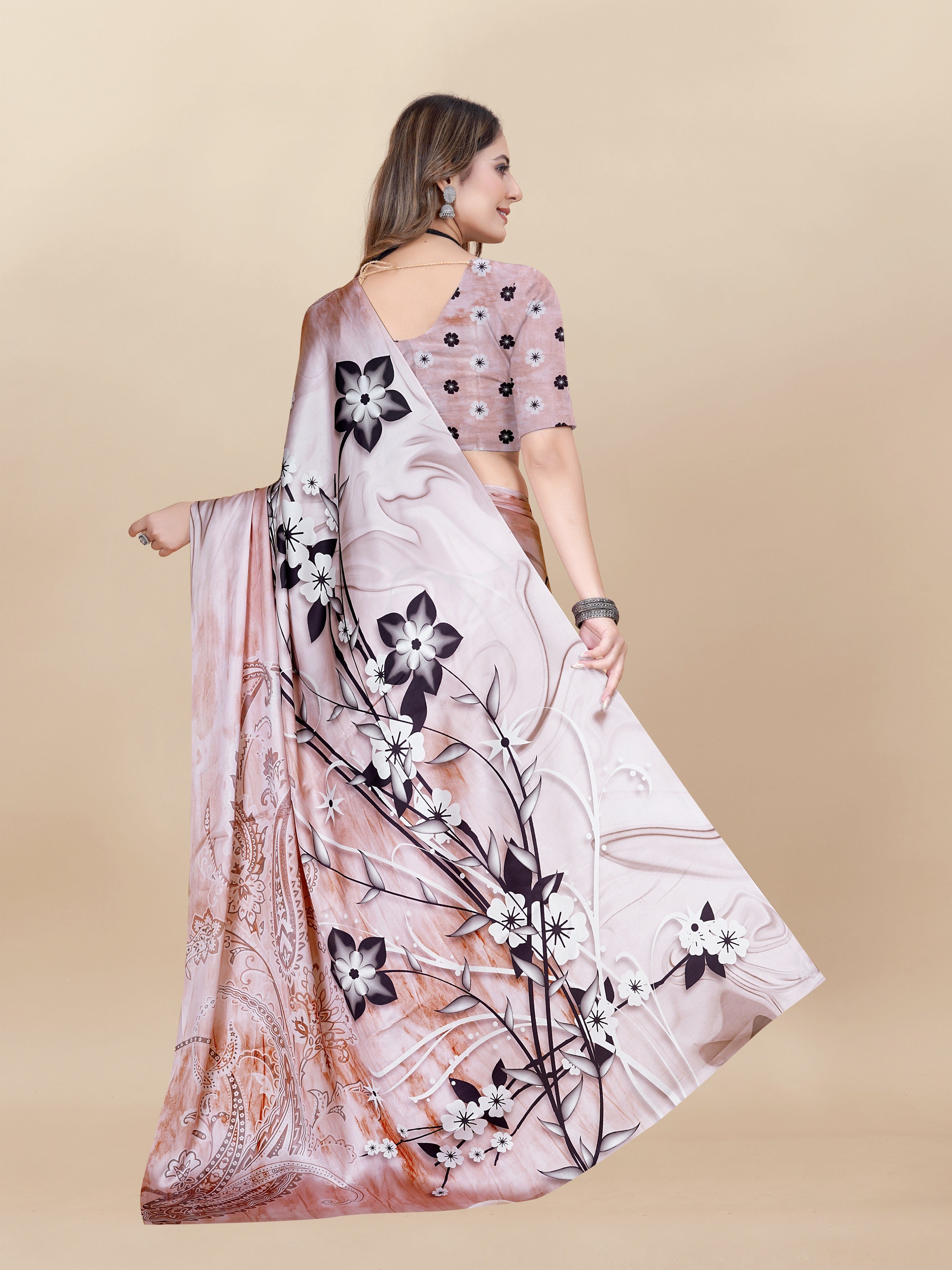 Vedant Vastram Digital Print Japan Satin Silk Party Wear Saree with Unstitched Blouse Piece - Beige