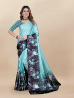 Vedant Vastram Digital Print Japan Satin Silk Party Wear Saree with Unstitched Blouse Piece - Turquoise