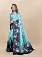 Vedant Vastram Digital Print Japan Satin Silk Party Wear Saree with Unstitched Blouse Piece - Turquoise