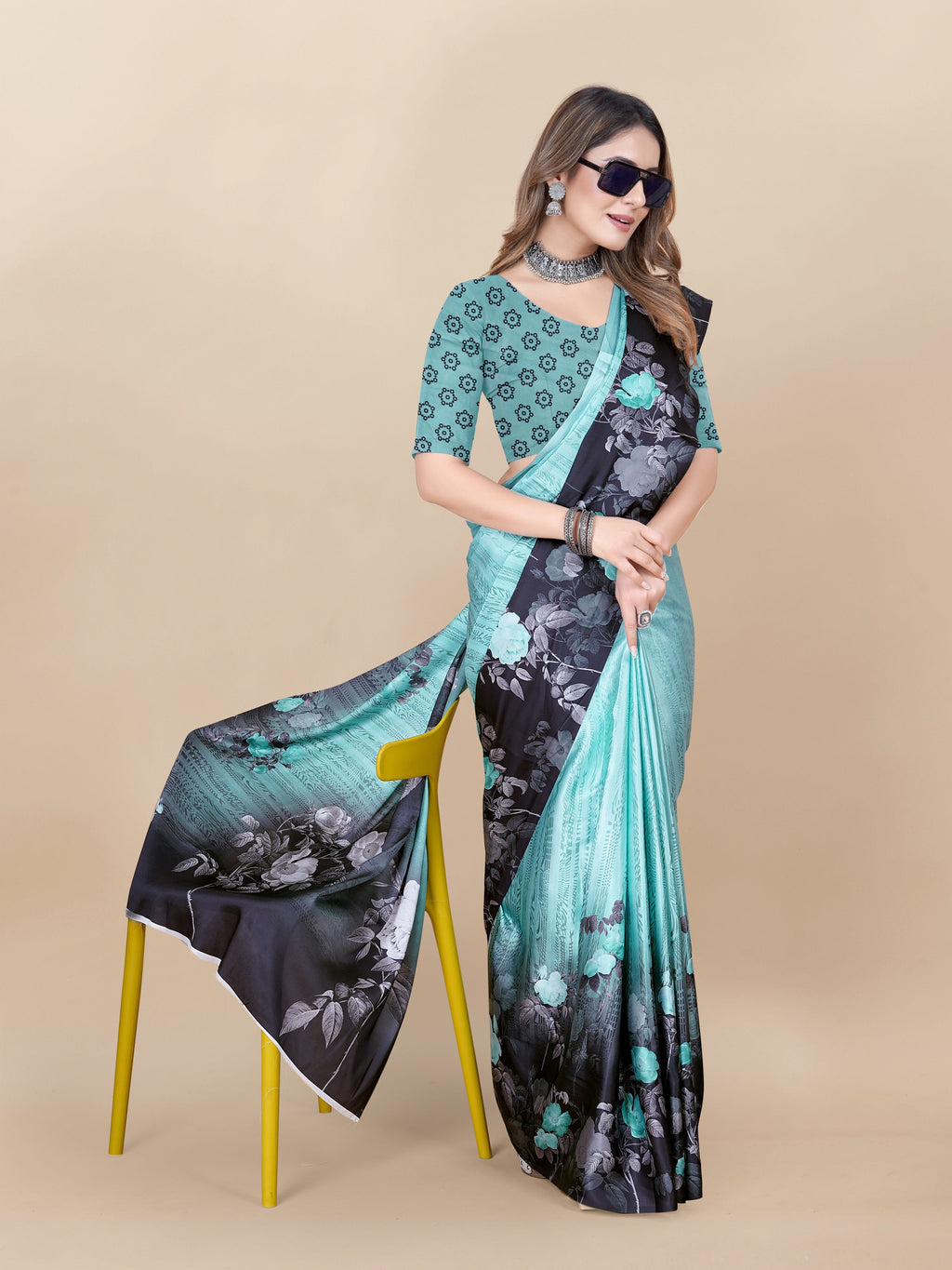 Vedant Vastram Digital Print Japan Satin Silk Party Wear Saree with Unstitched Blouse Piece - Turquoise