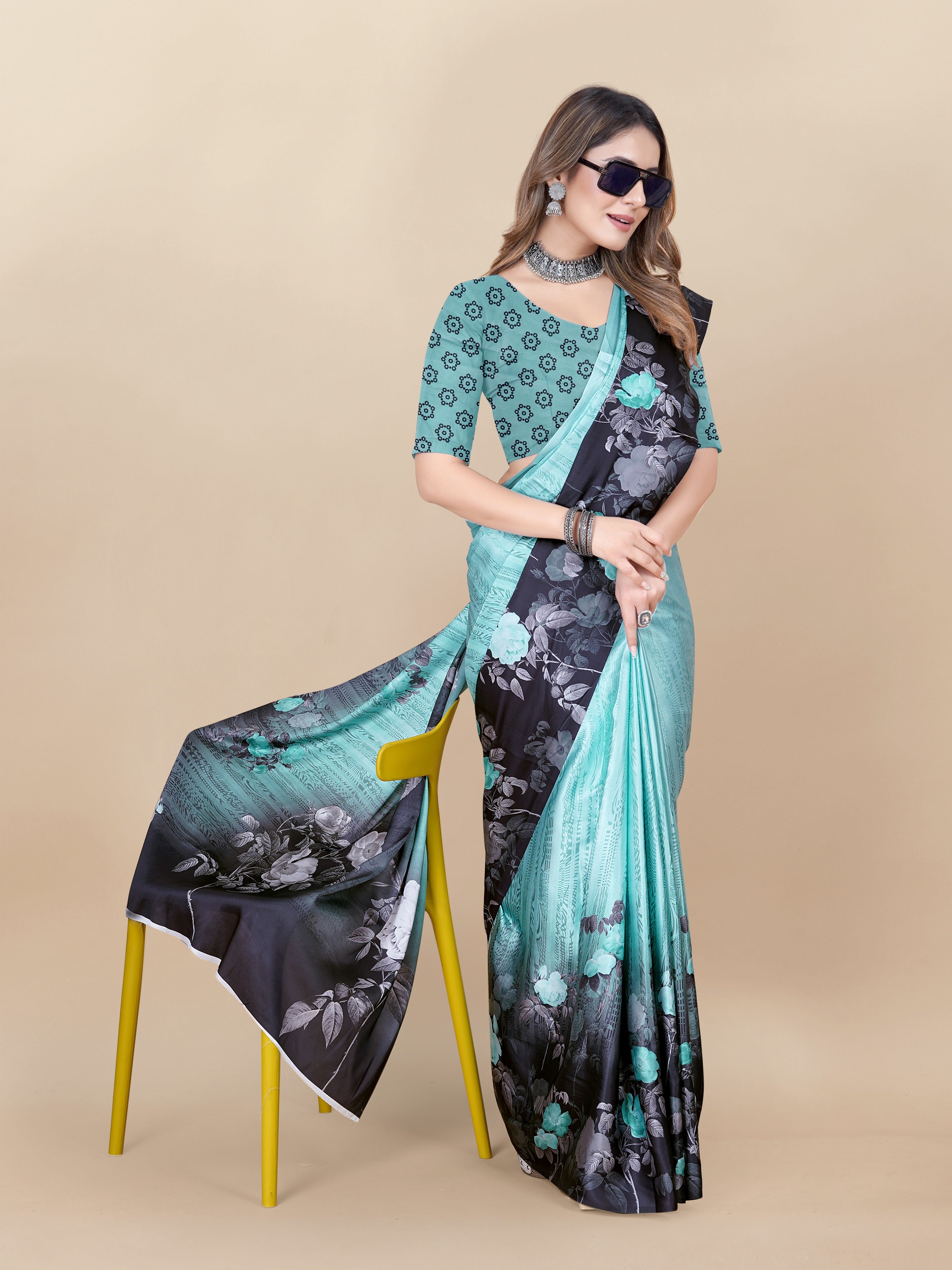 Vedant Vastram Digital Print Japan Satin Silk Party Wear Saree with Unstitched Blouse Piece - Turquoise