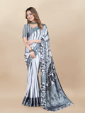 Vedant Vastram Digital Print Japan Satin Silk Party Wear Saree with Unstitched Blouse Piece - White