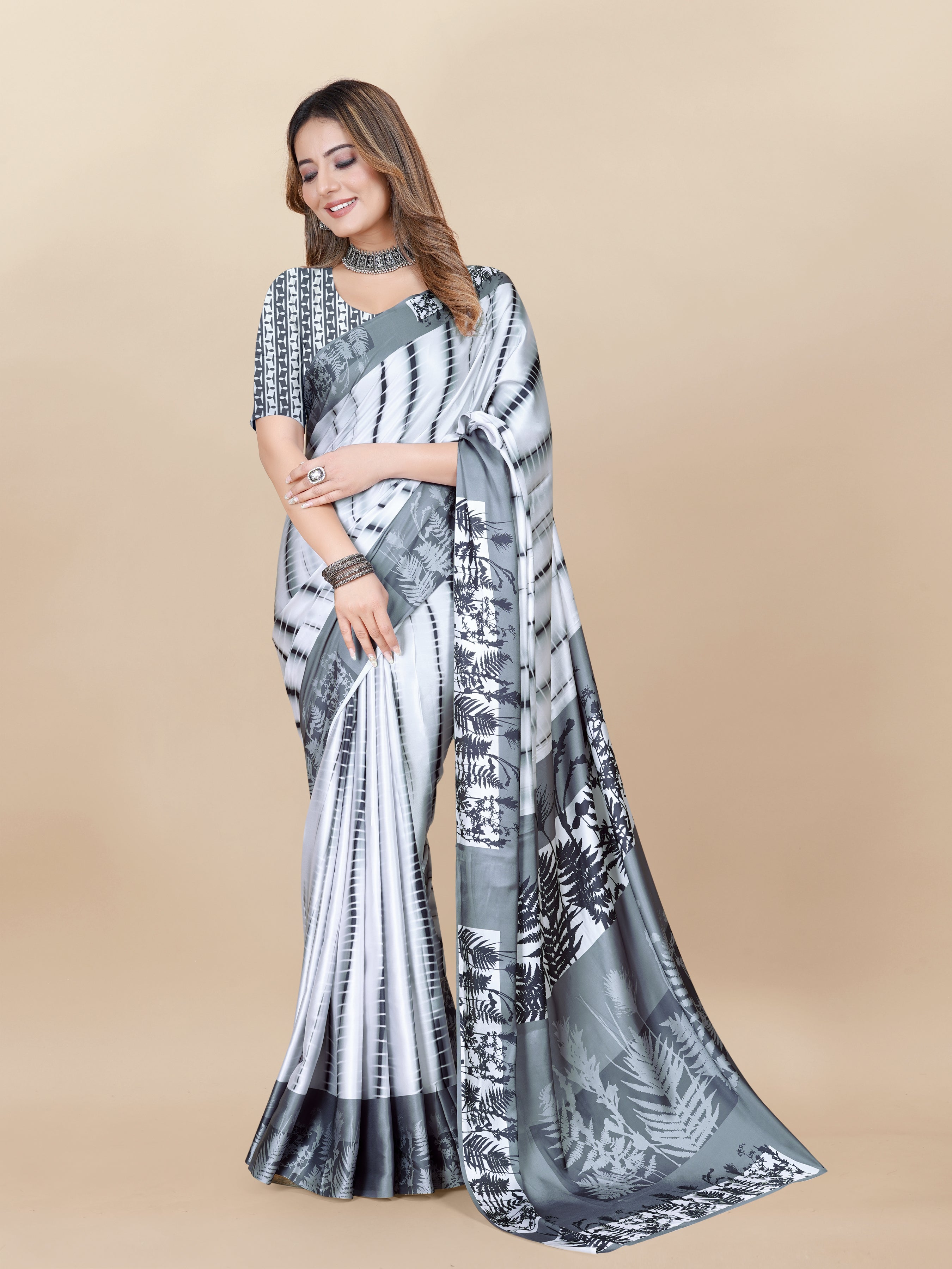 Vedant Vastram Digital Print Japan Satin Silk Party Wear Saree with Unstitched Blouse Piece - White