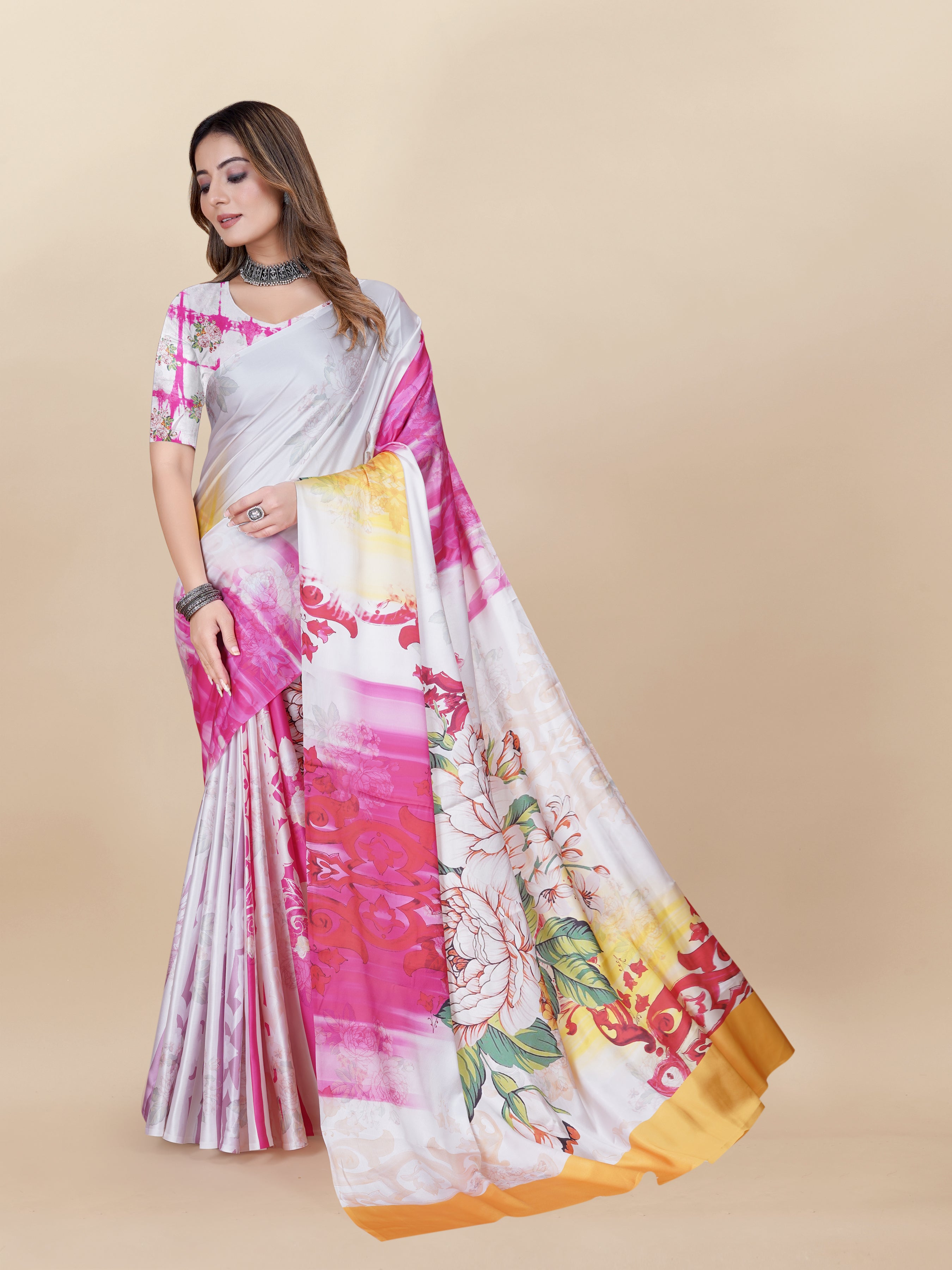Vedant Vastram Digital Print Japan Satin Silk Party Wear Saree with Unstitched Blouse Piece - Pink