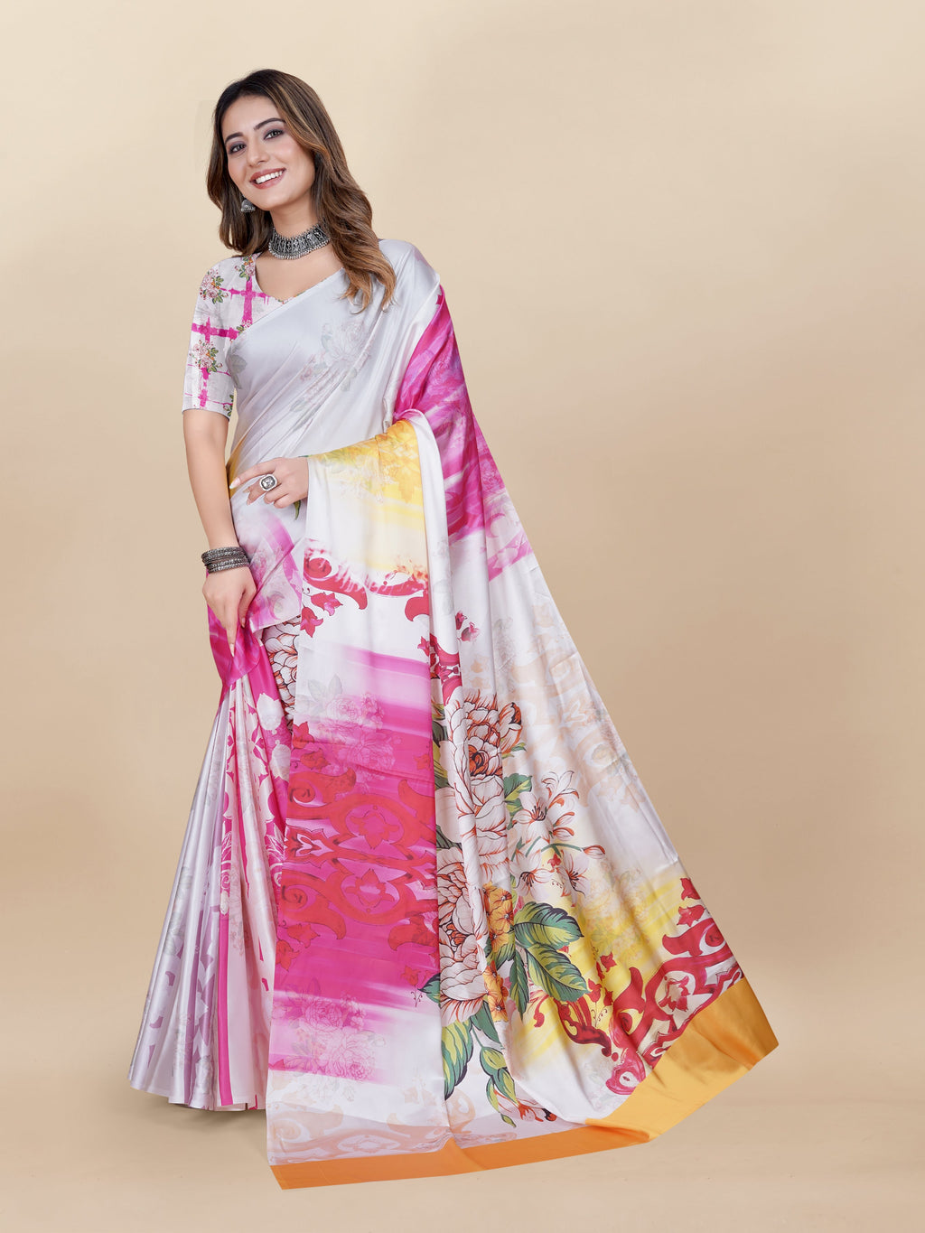Vedant Vastram Digital Print Japan Satin Silk Party Wear Saree with Unstitched Blouse Piece - Pink
