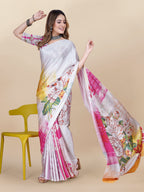 Vedant Vastram Digital Print Japan Satin Silk Party Wear Saree with Unstitched Blouse Piece - Pink