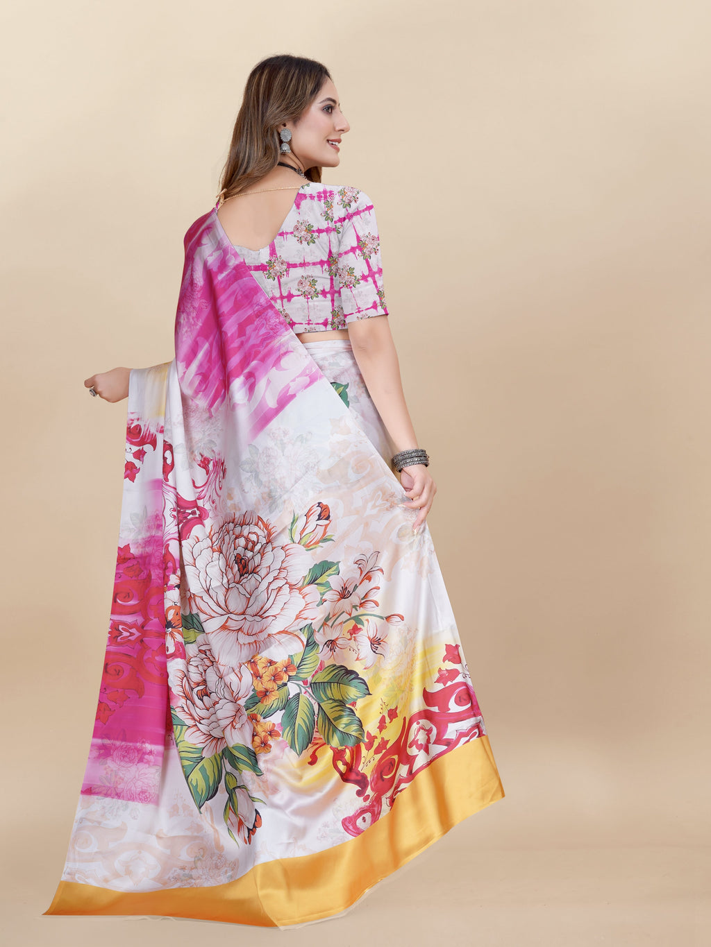 Vedant Vastram Digital Print Japan Satin Silk Party Wear Saree with Unstitched Blouse Piece - Pink