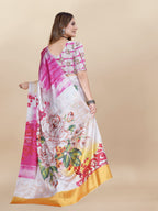 Vedant Vastram Digital Print Japan Satin Silk Party Wear Saree with Unstitched Blouse Piece - Pink