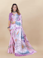 Vedant Vastram Digital Print Japan Satin Silk Party Wear Saree with Unstitched Blouse Piece - Purple