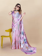 Vedant Vastram Digital Print Japan Satin Silk Party Wear Saree with Unstitched Blouse Piece - Purple
