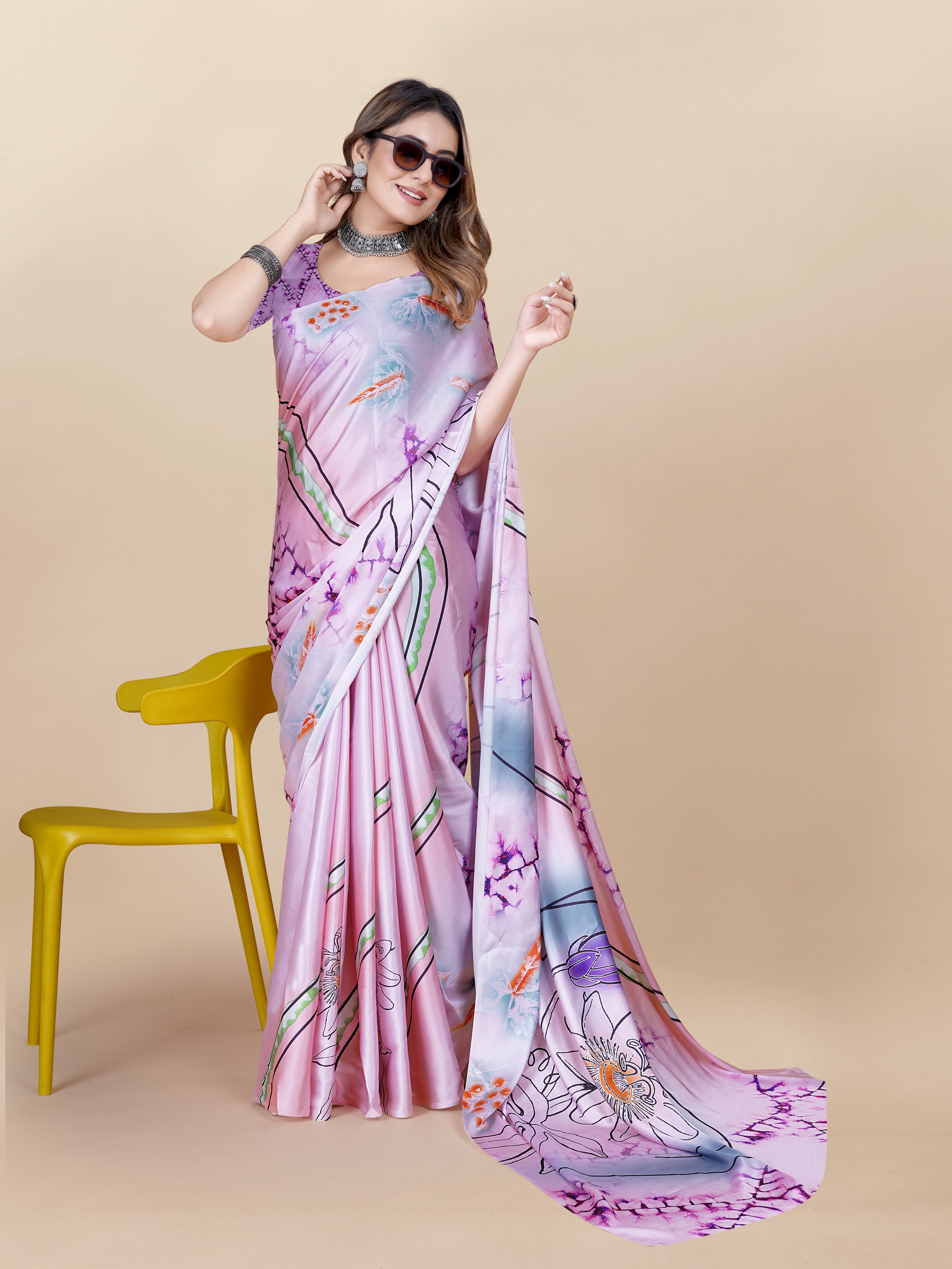 Vedant Vastram Digital Print Japan Satin Silk Party Wear Saree with Unstitched Blouse Piece - Purple