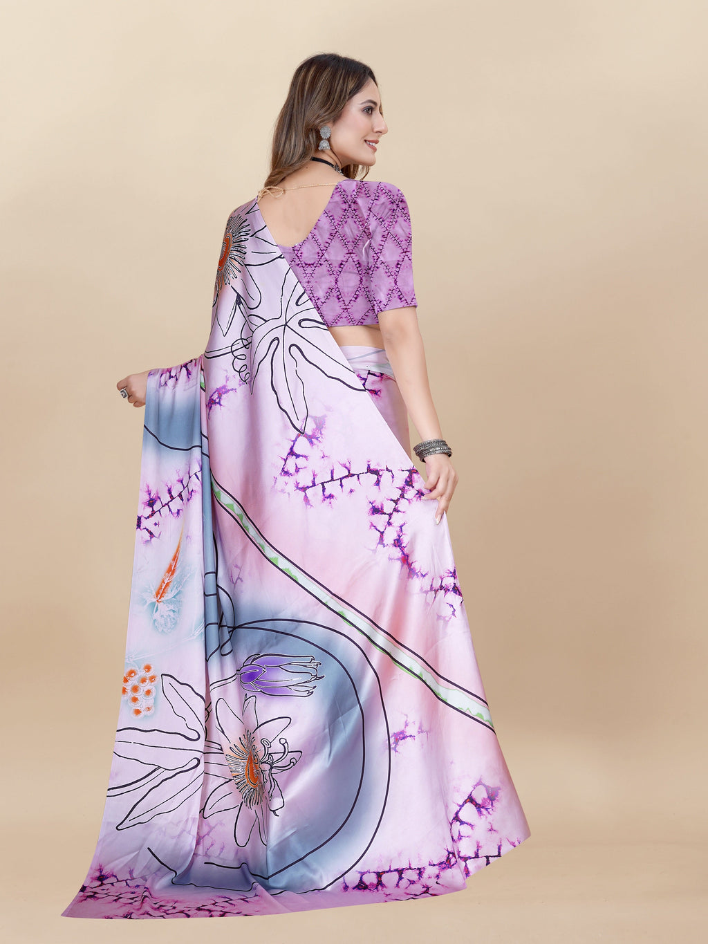 Vedant Vastram Digital Print Japan Satin Silk Party Wear Saree with Unstitched Blouse Piece - Purple