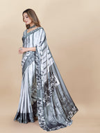 Vedant Vastram Digital Print Japan Satin Silk Party Wear Saree with Unstitched Blouse Piece - White