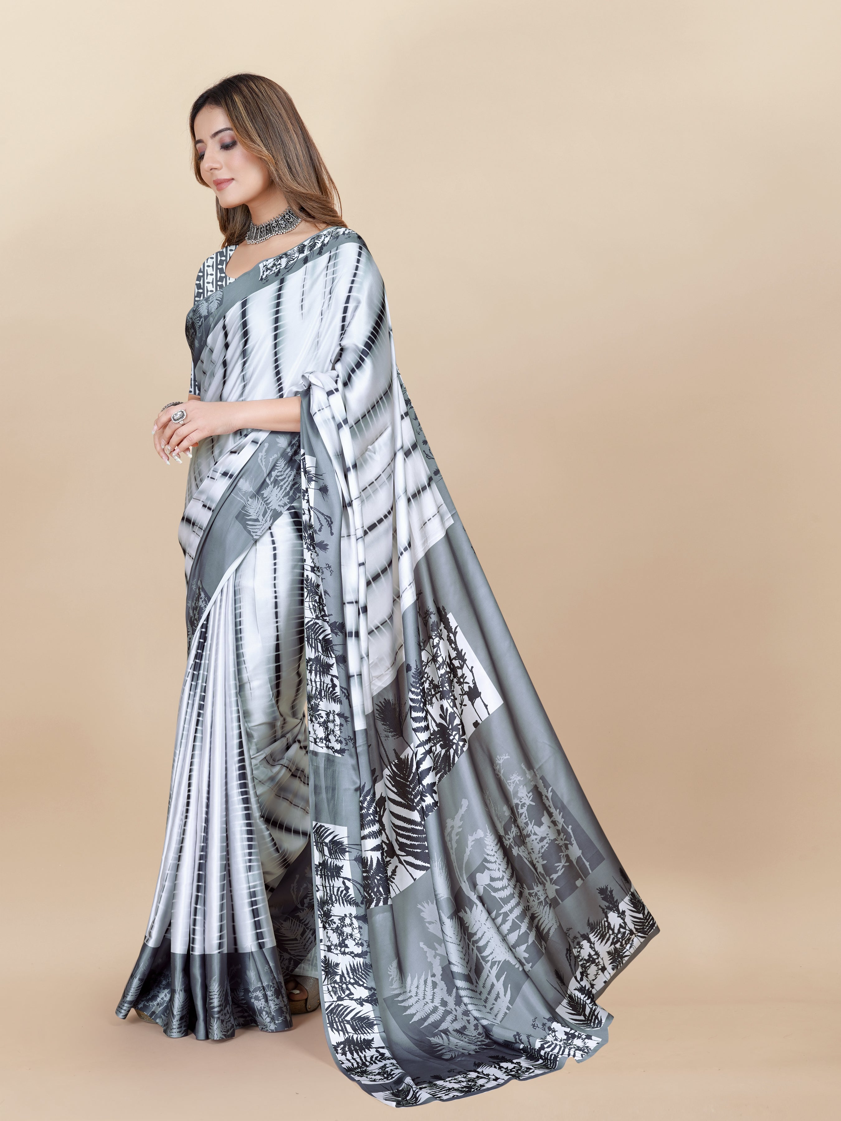Vedant Vastram Digital Print Japan Satin Silk Party Wear Saree with Unstitched Blouse Piece - White