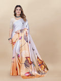 Vedant Vastram Digital Print Japan Satin Silk Party Wear Saree with Unstitched Blouse Piece - Orange