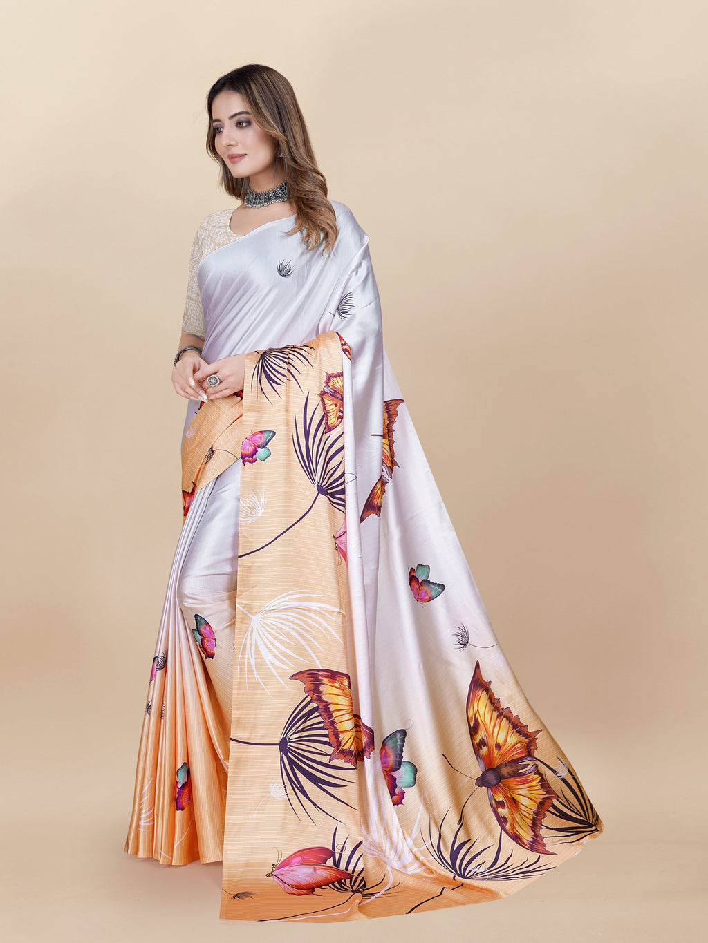 Vedant Vastram Digital Print Japan Satin Silk Party Wear Saree with Unstitched Blouse Piece - Orange