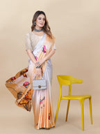 Vedant Vastram Digital Print Japan Satin Silk Party Wear Saree with Unstitched Blouse Piece - Orange