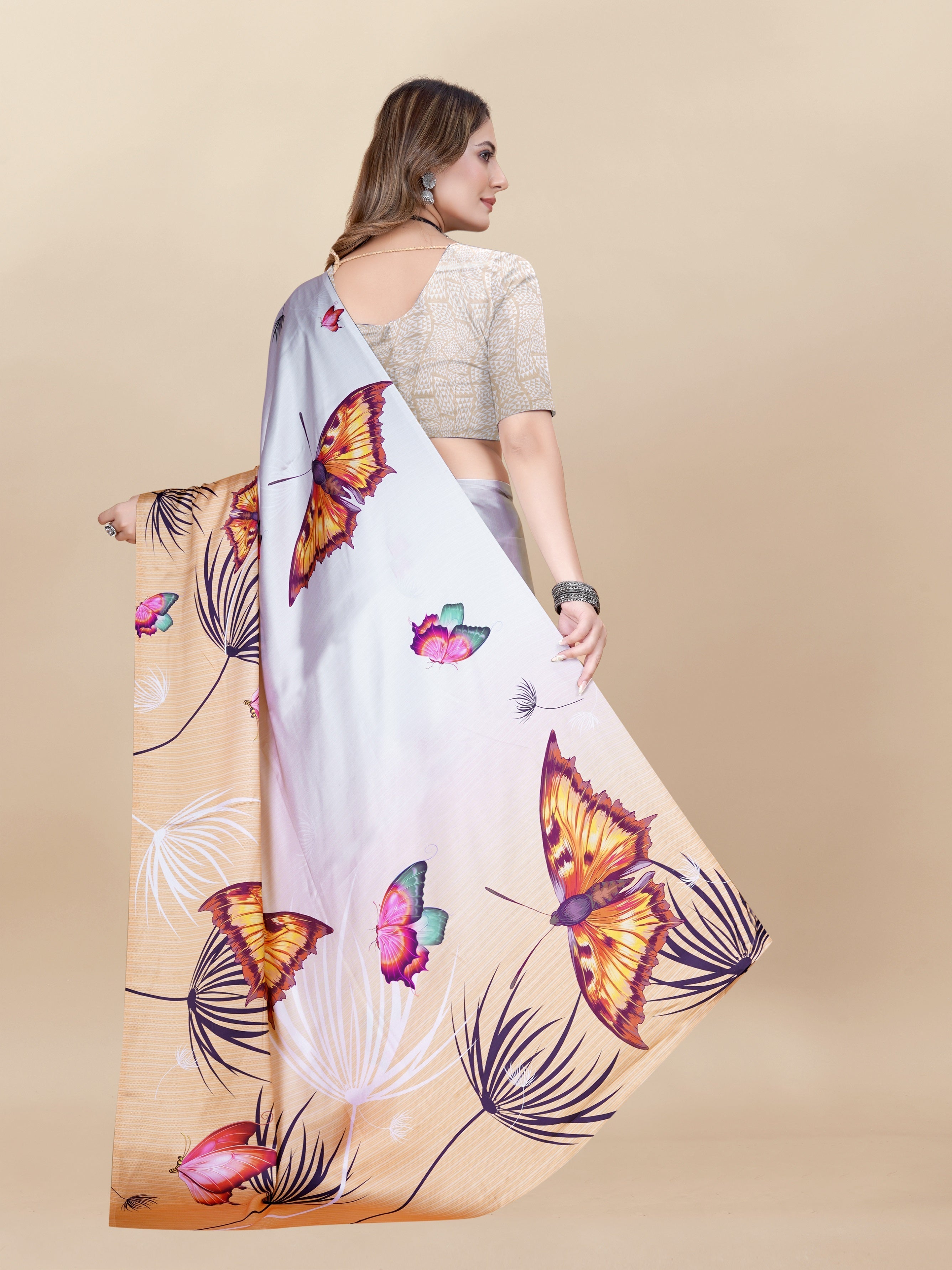 Vedant Vastram Digital Print Japan Satin Silk Party Wear Saree with Unstitched Blouse Piece - Orange