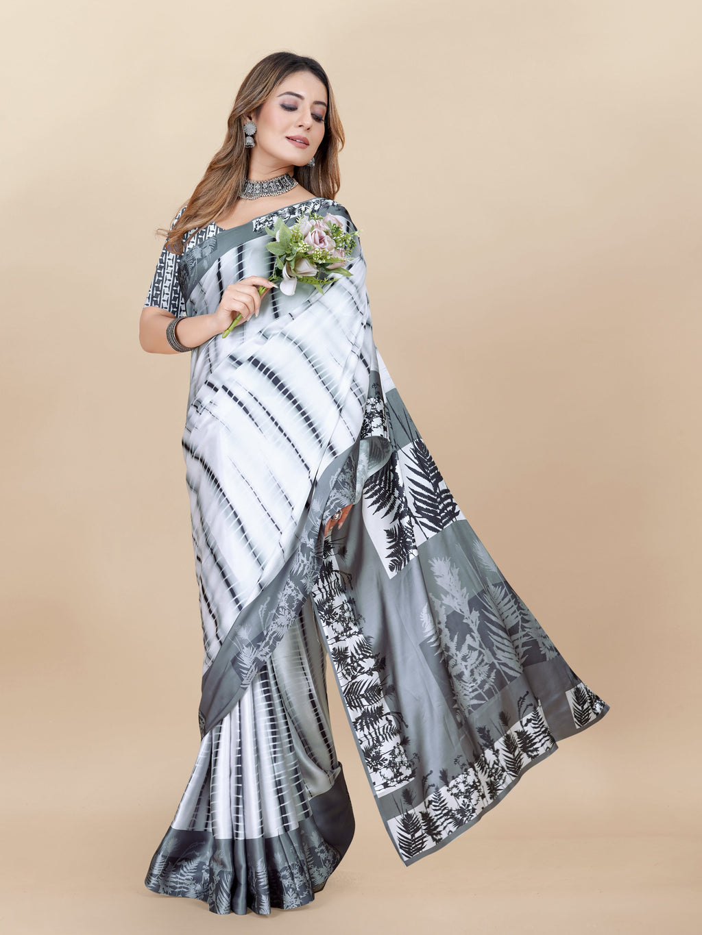 Vedant Vastram Digital Print Japan Satin Silk Party Wear Saree with Unstitched Blouse Piece - White