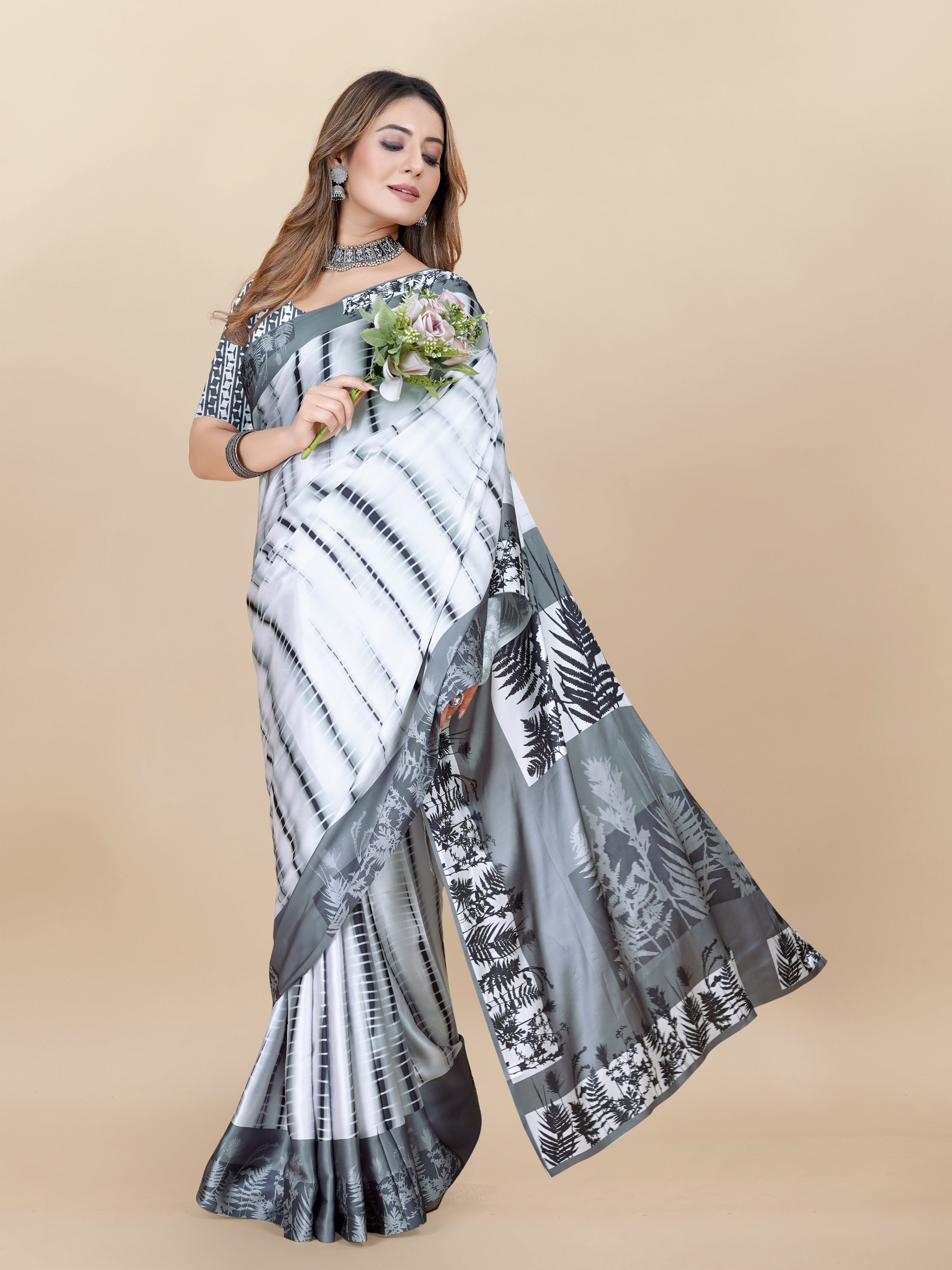 Vedant Vastram Digital Print Japan Satin Silk Party Wear Saree with Unstitched Blouse Piece - White