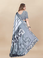 Vedant Vastram Digital Print Japan Satin Silk Party Wear Saree with Unstitched Blouse Piece - White