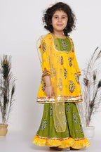 Little Bansi Girls Cotton Floral Kurta with Frill Sharara & Dupatta - Yellow & Green