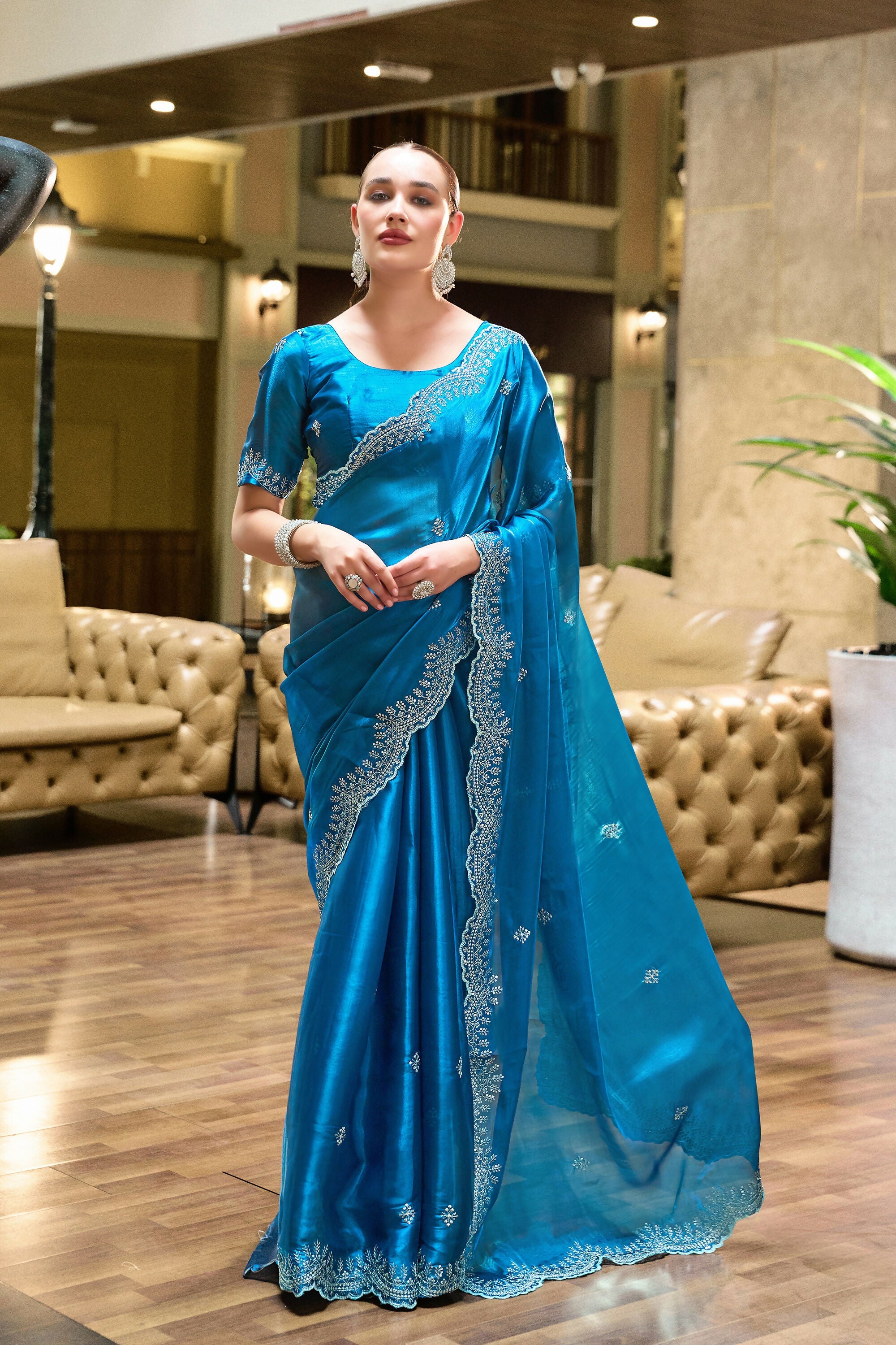 Vastranavya Sea Blue Embroidery Work Shimmer Chiffon Saree with Unstitched Blouse - Distacart
