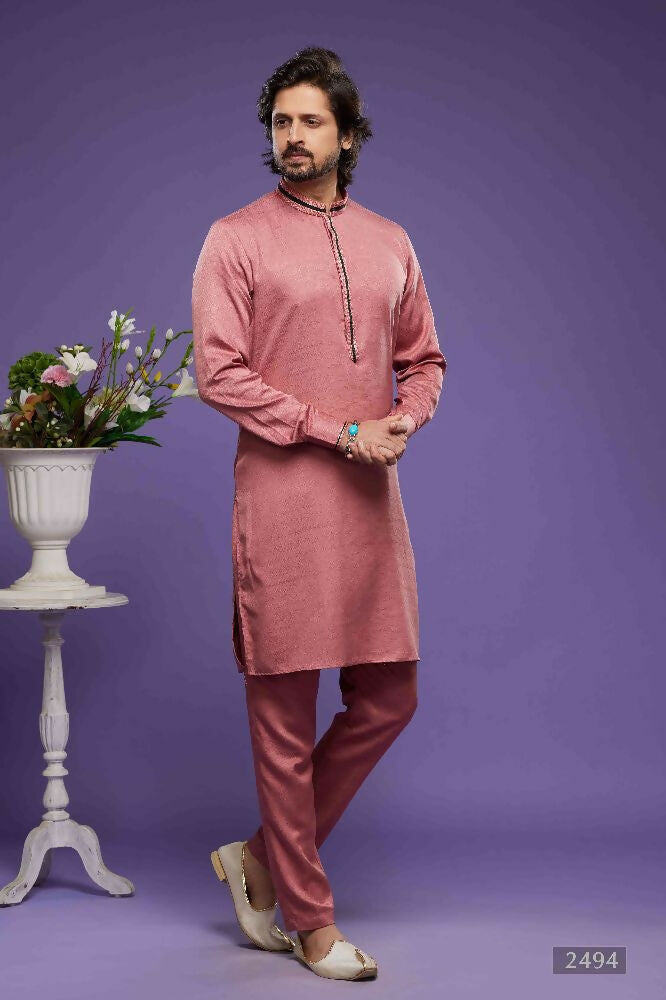 Raivat Ethnic Art Banarasi Silk Thread Work Kurta Pajama In Pink Colour