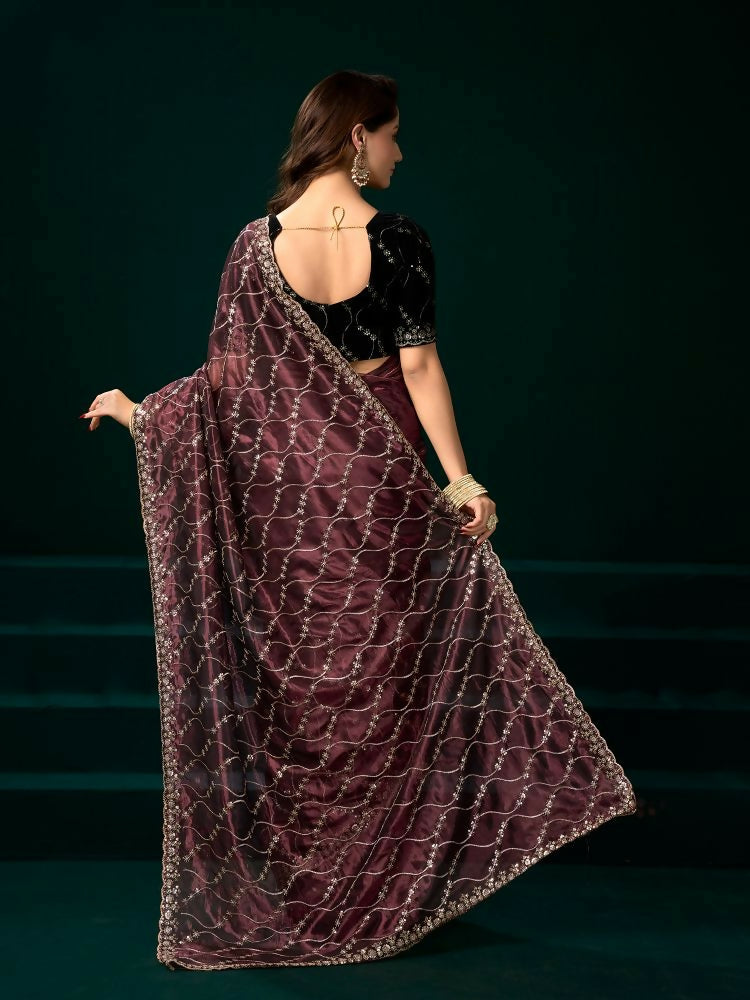 Joban Fashion Maroon Net Party Wear Sarees - Distacart