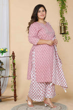 Miravan Women's Plus Size Pink Floral Printed Gotta Patti Pure Cotton Kurta With Palazzo & Dupatta Set