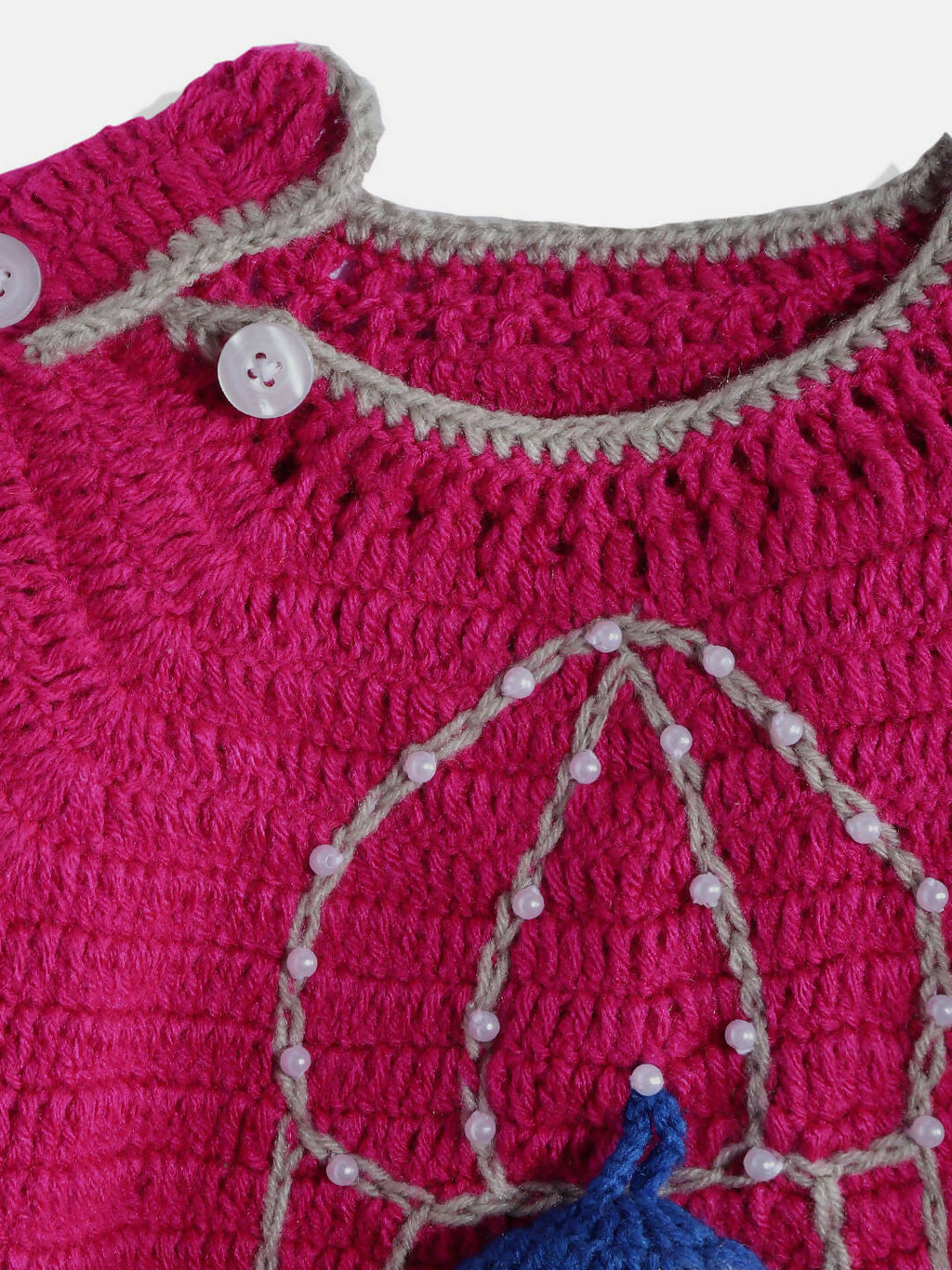Chutput Kids Woollen Hand Knitted Full Sleeves Bird Detail Sweater For Baby Boys - Magenta