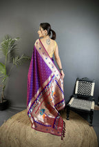 Joban Fashion Magenta Peacock & Floral Motifs Soft Lichi Silk Kanchipuram Saree - Distacart