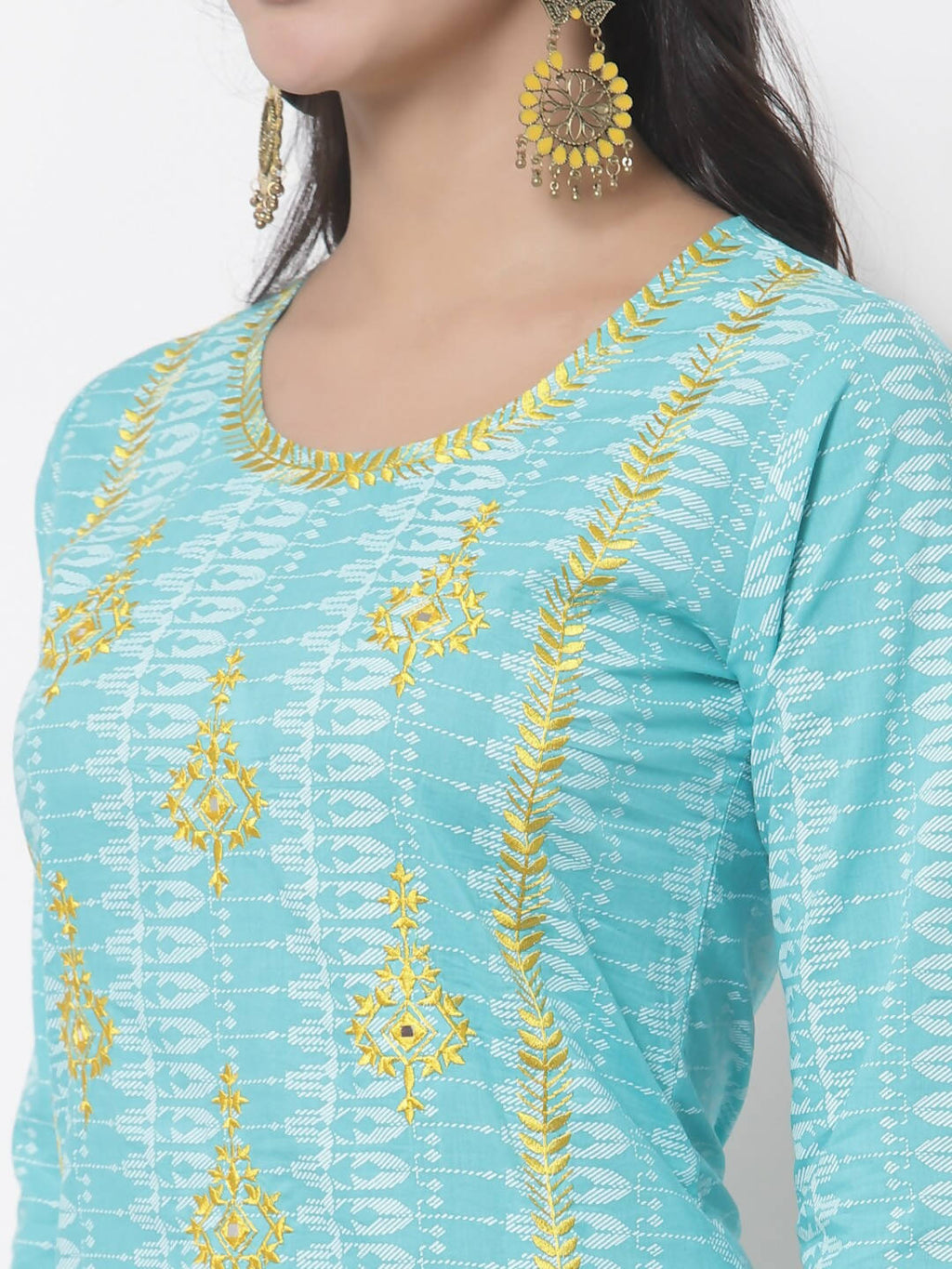 Myshka Women Turquoise Blue Layered Pure Cotton Kurti With Trousers & Dupatta - Distacart