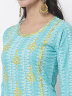 Myshka Women Turquoise Blue Layered Pure Cotton Kurti With Trousers & Dupatta - Distacart