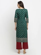 Rudra Bazaar Green Printed Yoke Designed Straight Kurta with Maroon Pyjamas - Distacart