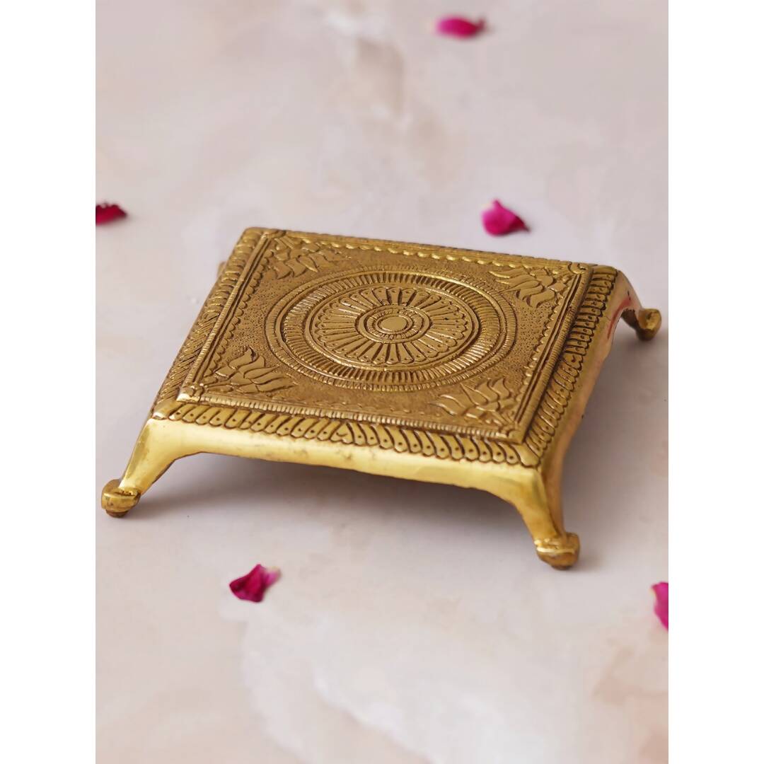 eCraftIndia Beige Lotus Flowers Engraved Pooja Chowki