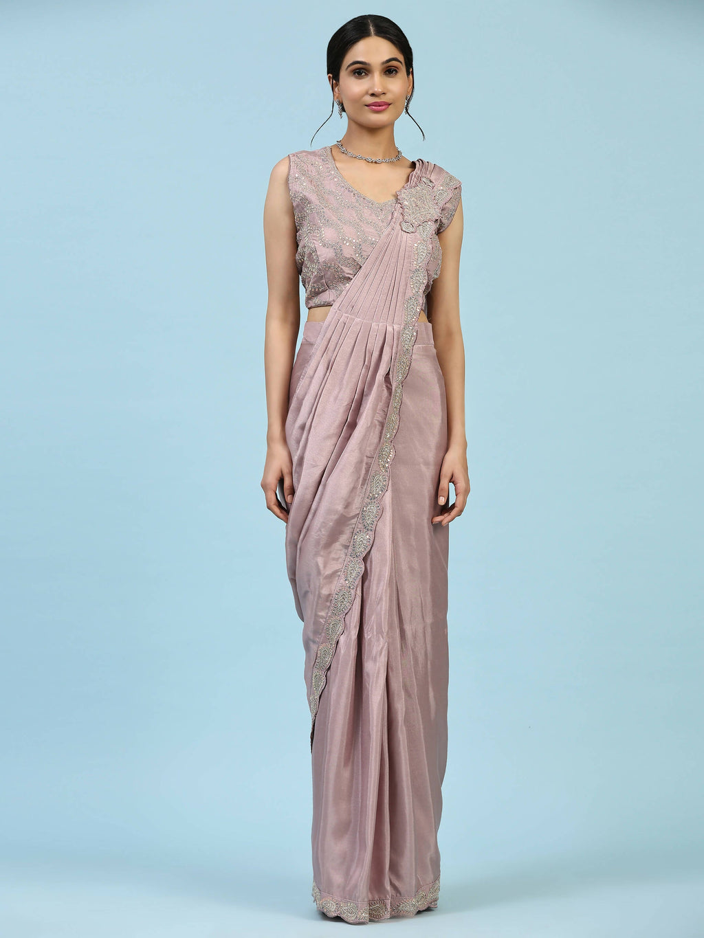 Lavendar Silk Satin Plain Ready to wear Saree with stitched Blouse - Vrinda
