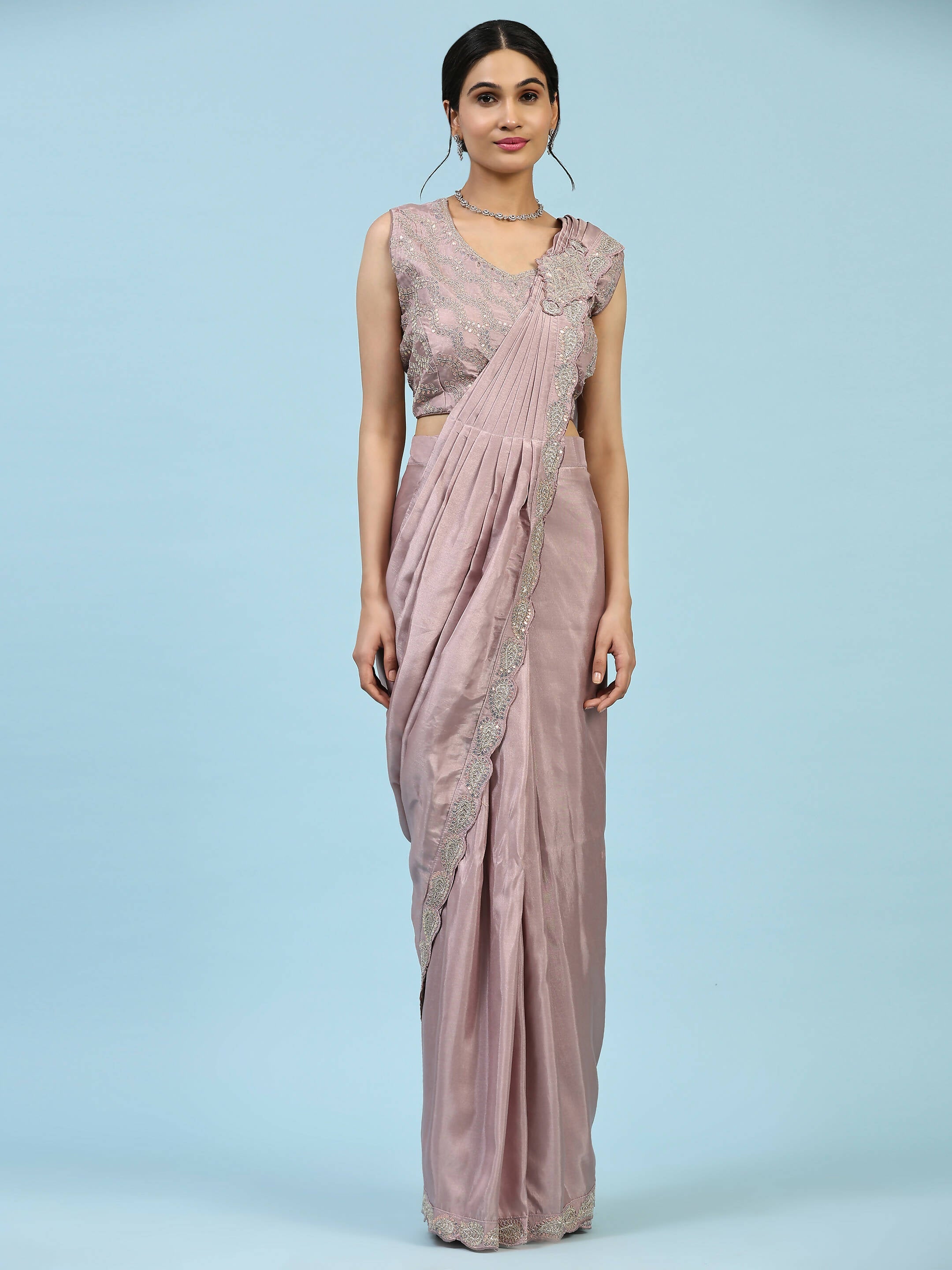 Lavendar Silk Satin Plain Ready to wear Saree with stitched Blouse - Vrinda