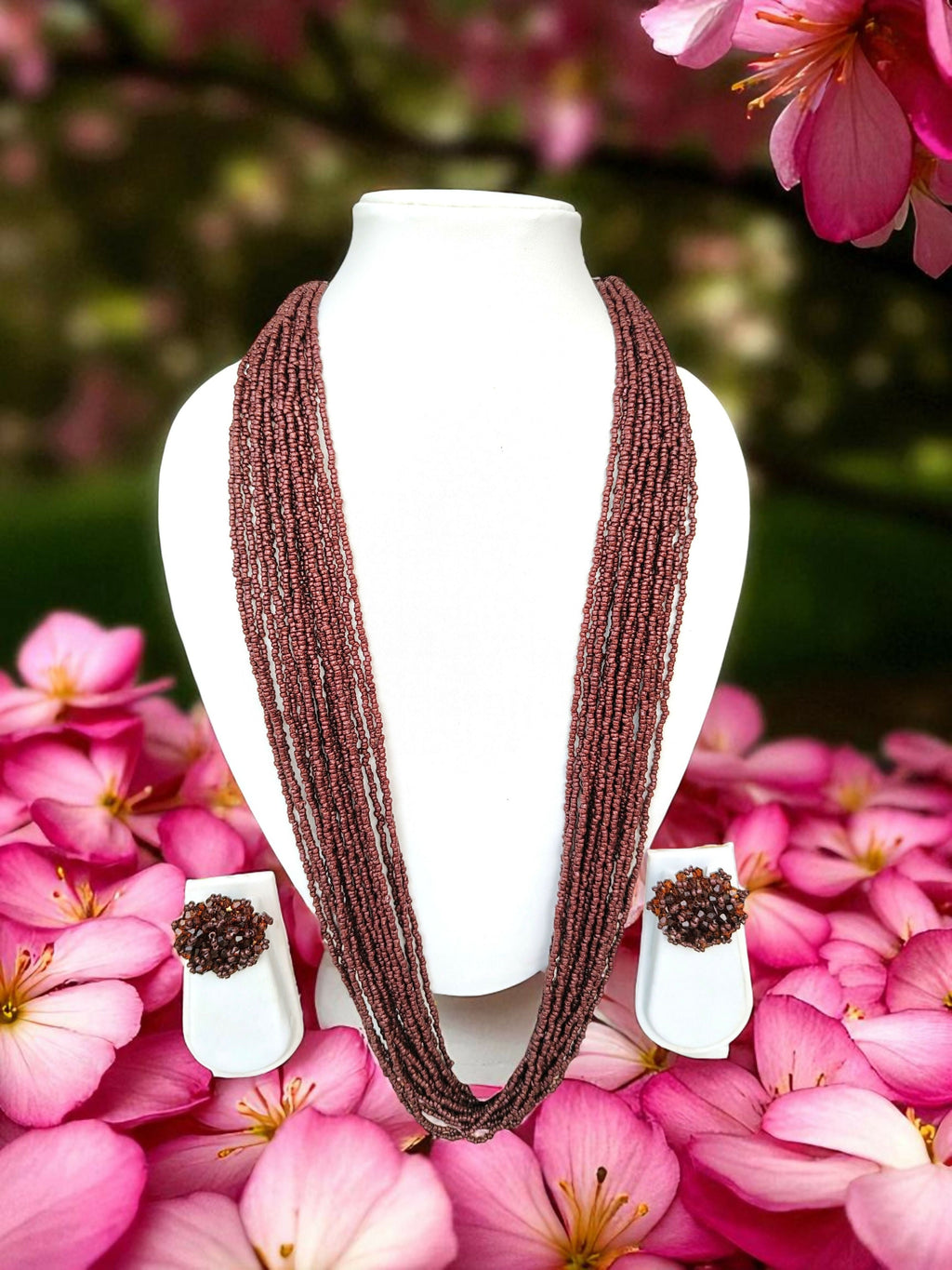 Inhanns Rangsaaz 20-Layer Luxe Long Beaded Necklace (With Optional Statement Earrings) - Coffee Brown With Earring