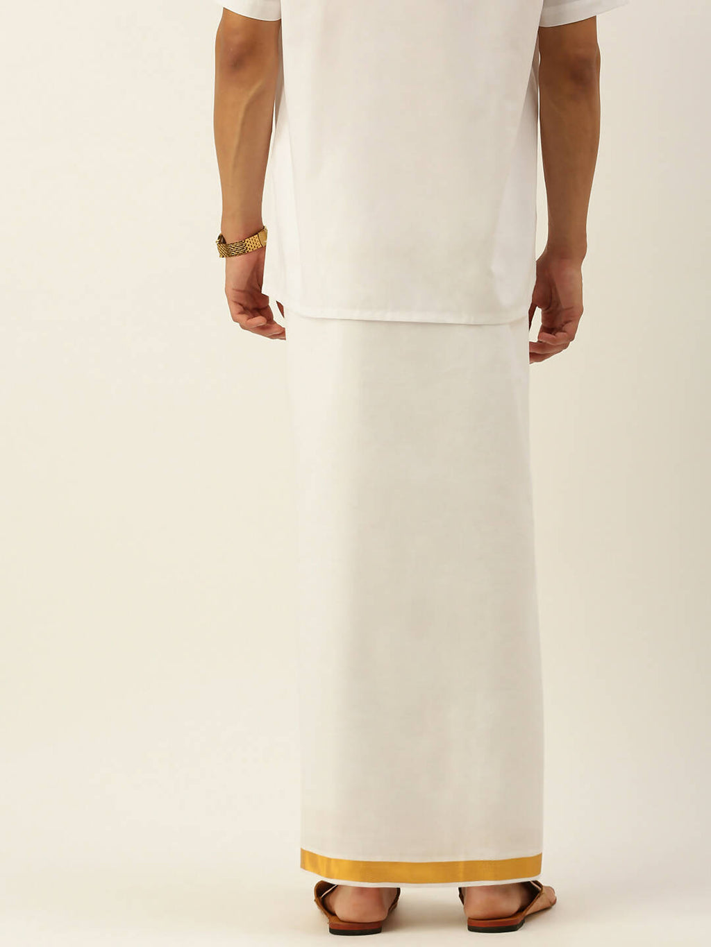 Ramraj Cotton Mens Pure Cotton 1 Inch Gold Jari Dhoti - Cream