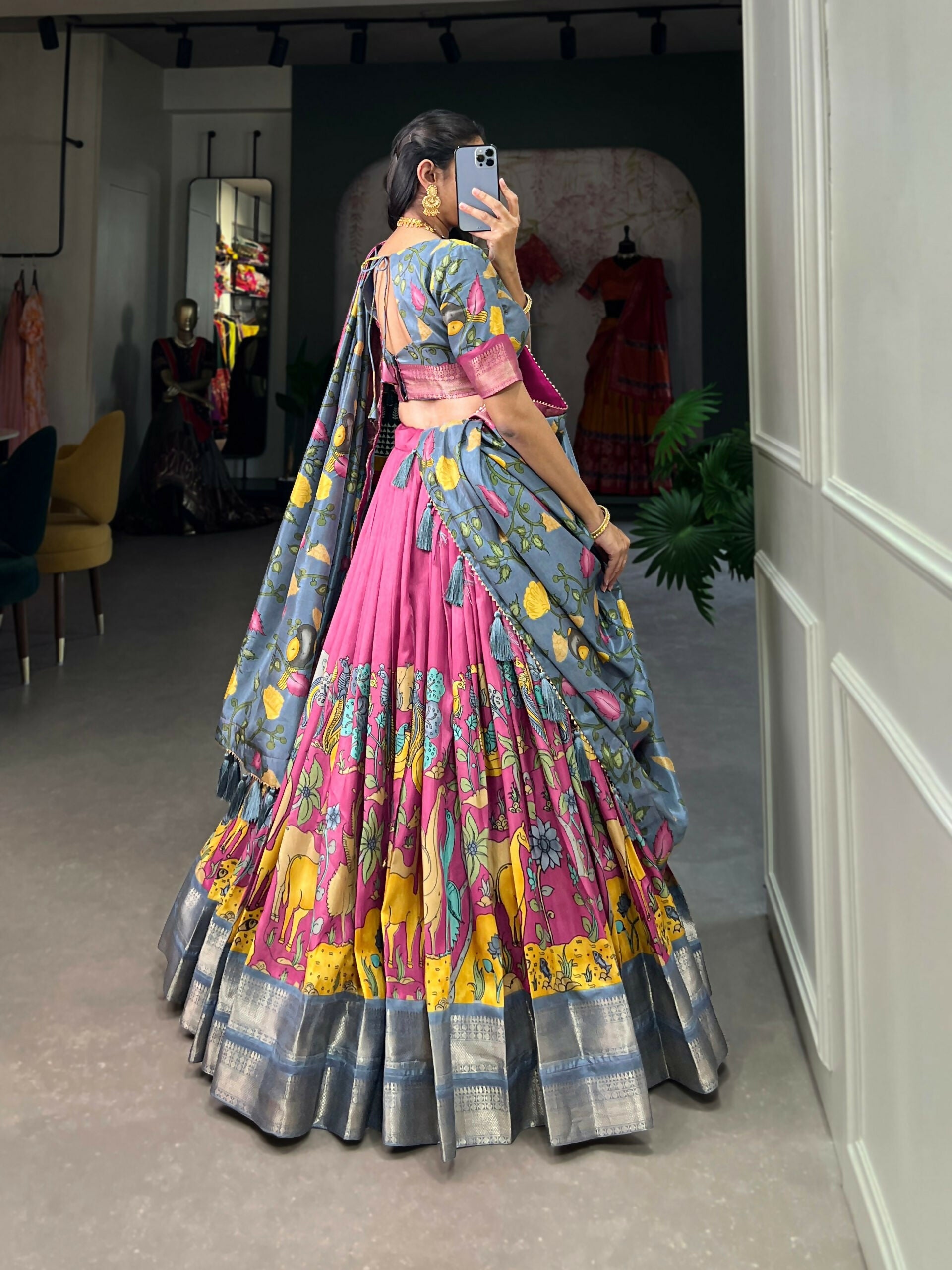 Vastranavya Kalamkari Printed Dola Silk Lehenga Choli - Pink