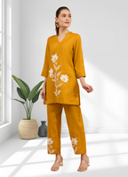 Joban Fashion Mustard Cotton, Linen Embroidered Readymade Cord Set - Distacart