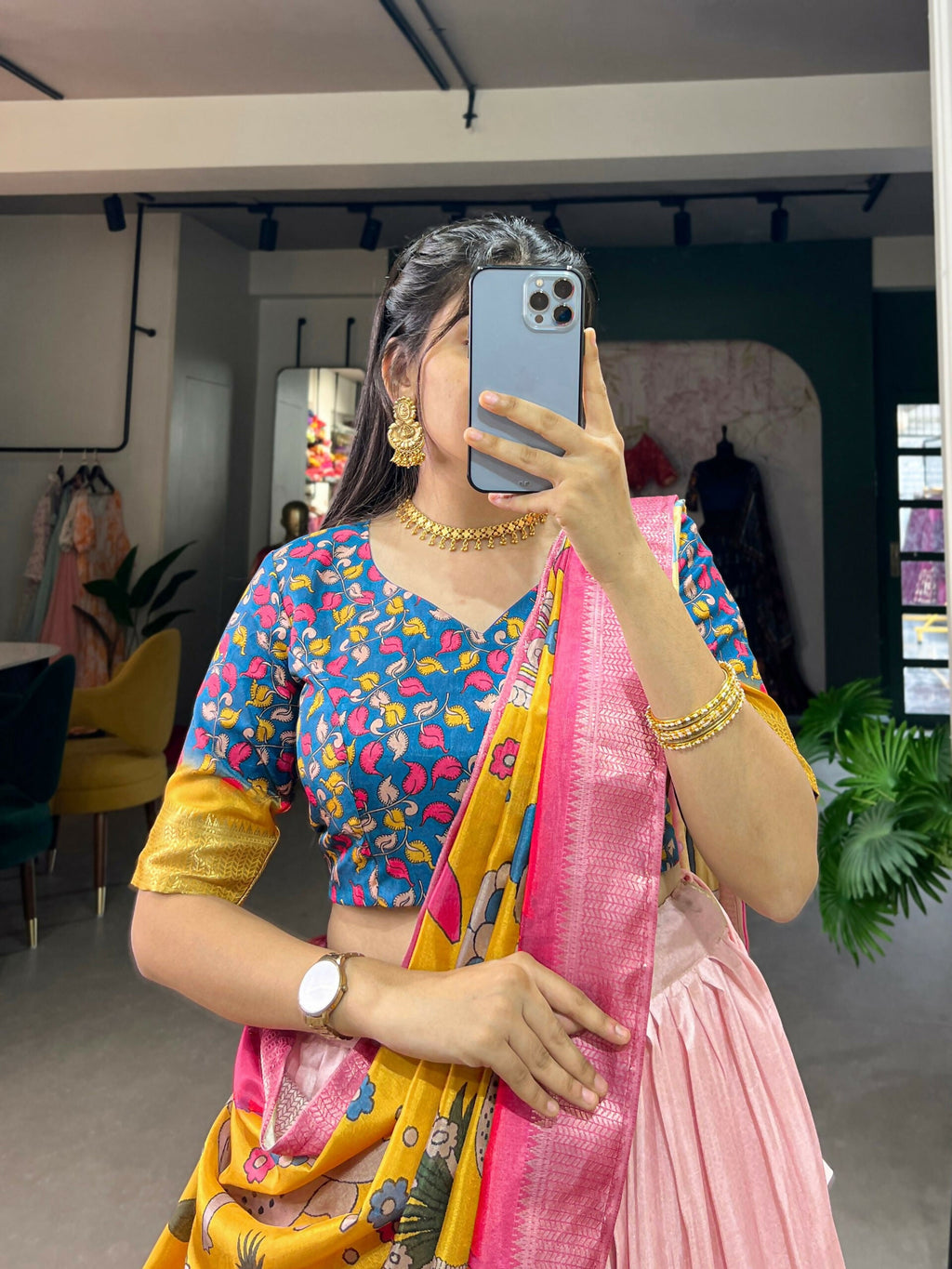 Vastranavya Kalamkari Print With Weaving Border Lehenga with Unstitched Blouse - Pink