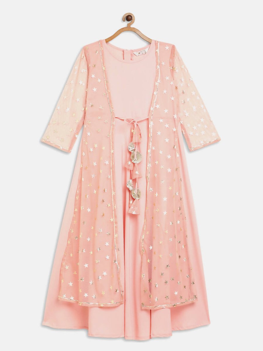 Ahalyaa Pink Crepe & Net Foil Print Kids Dress For Girls