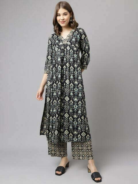 FIORRA Women's Black Cotton A-Line Kurta Palazzo Set