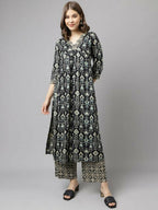 FIORRA Women's Black Cotton A-Line Kurta Palazzo Set